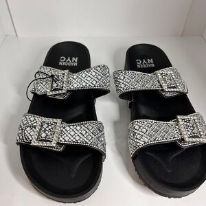 Madden NYC Black 9 Bling Rhinestone Buckle Adjustable Slide-On Footbed Sandals